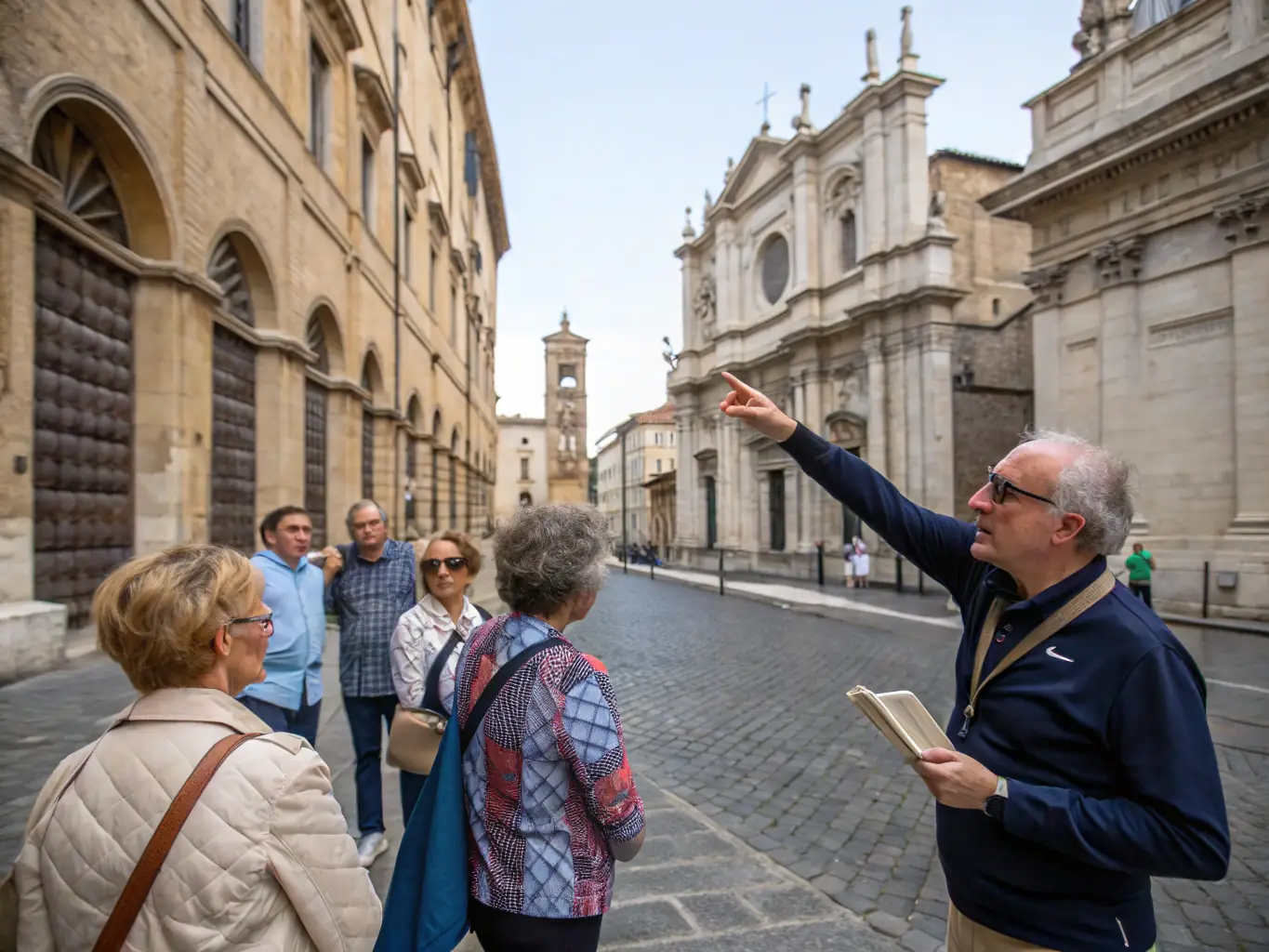 A lively image of a guided group tour exploring the ornate interiors of a historic château, with a knowledgeable guide sharing stories to an attentive audience of families and seniors.