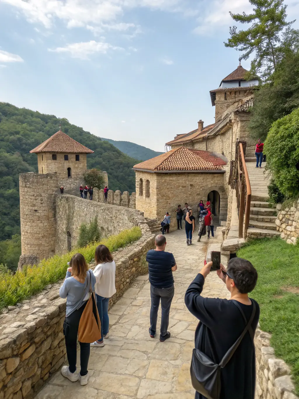 A small group of visitors, led by a knowledgeable guide in period costume, exploring the grand halls and gardens of a restored abbey, with interpretive signage and lush greenery. This image will highlight the guided heritage tours.