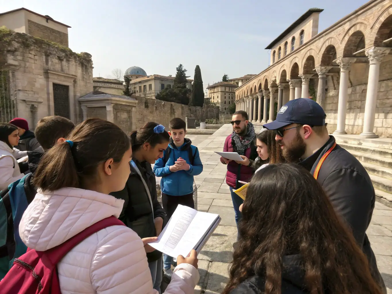 A candid image of a group of students on a guided educational tour, listening attentively to a passionate guide in front of a centuries-old château, with informational panels and interactive displays in the background.
