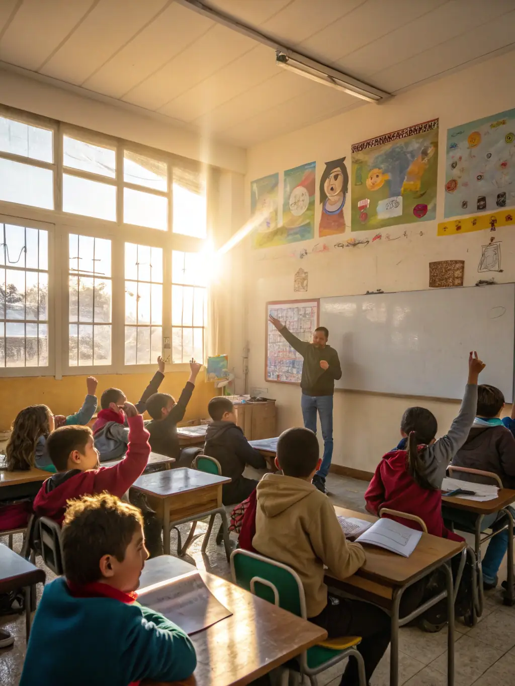 A classroom scene with children and a heritage expert examining architectural blueprints and historical artifacts, with educational posters about French heritage on the walls. This image will be used to represent the educational outreach programs.