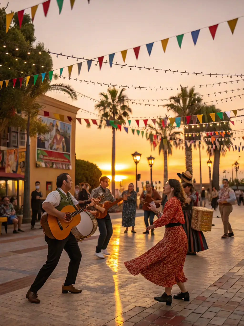 A festive outdoor event in the courtyard of a historic manor, with musicians, local artisans displaying crafts, and families enjoying cultural performances under decorative banners. This image will showcase the cultural events organized by the association.