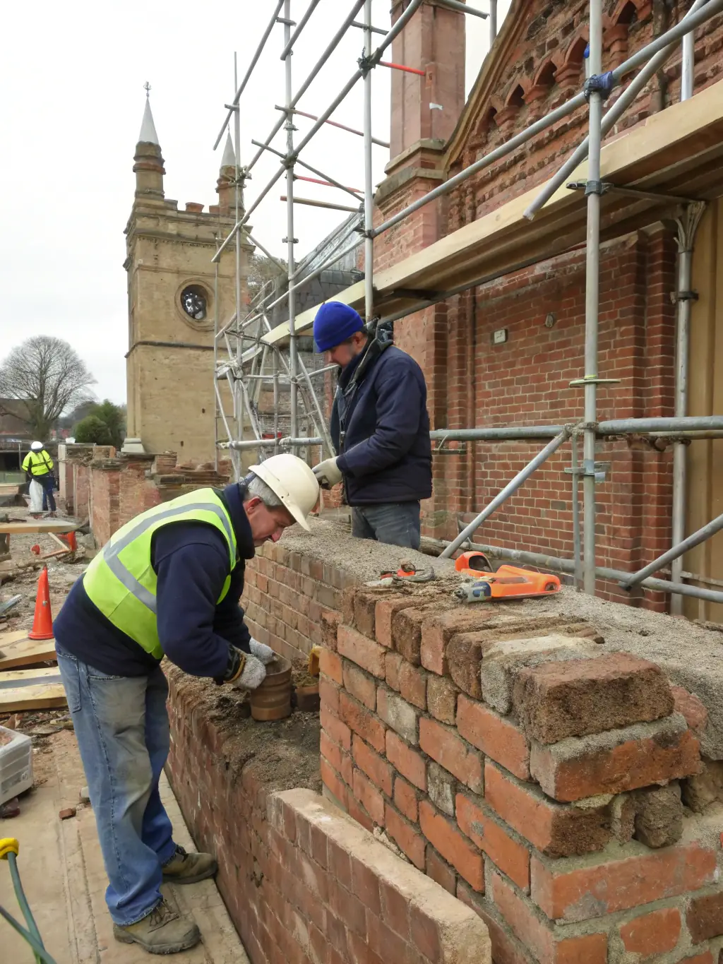A group of skilled artisans and volunteers carefully restoring the ornate facade of a centuries-old château, using traditional masonry tools and surrounded by scaffolding, under soft daylight. This image will illustrate the hands-on restoration workshops organized by LA DEMEURE HISTORIQUE.