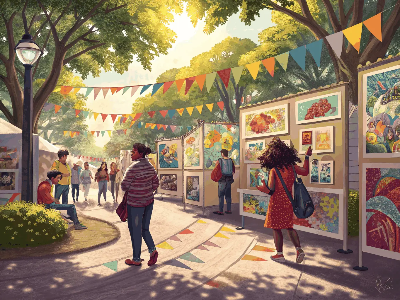 A festive scene showing a local music ensemble performing in front of a historic manor, with community members enjoying regional food and crafts at colorful stalls during a summer heritage festival.