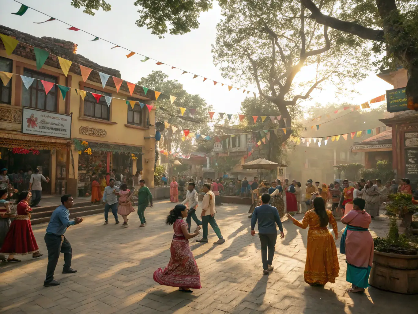 A warm, inviting scene of a community festival held in the courtyard of a historic abbey, with families, local artists, and musicians celebrating together under festive banners and lights.